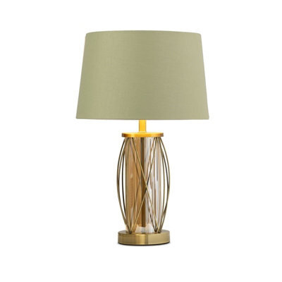 Lighting Supermarket Ashleigh Antique Brass Amber Glass Cylinder Lantern Table Lamp With Sage Green Shade - image 1