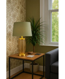 Lighting Supermarket Ashleigh Antique Brass Amber Glass Cylinder Lantern Table Lamp With Sage Green Shade - thumbnail 7