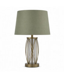 Lighting Supermarket Ashleigh Antique Brass Amber Glass Cylinder Lantern Table Lamp With Sage Green Shade - thumbnail 2