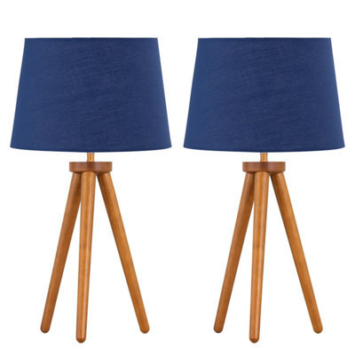 First Choice Lighting Set Of 2 Dark Oak Table Lamp Or Bedside Lights With Navy Blue Shades - image 1