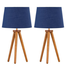 First Choice Lighting Set Of 2 Dark Oak Table Lamp Or Bedside Lights With Navy Blue Shades
