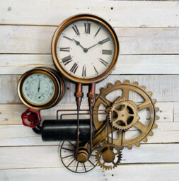 My Square Mile Industrial Steampunk Pipe Metal Gear Wall Clock With Faux Temperature Display (Gear Clock)