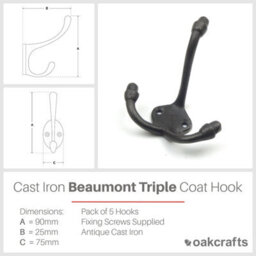 Oakcrafts - Antique Cast Iron Coat Beaumont Triple Coat Hook 90mm - Pack Of 5 Hooks - thumbnail 2