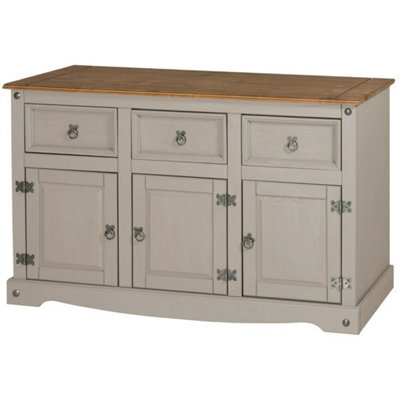 Grey Waxed Solid Pine Sideboard 3 Door 3 Drawer Wooden Storage Dresser - image 1