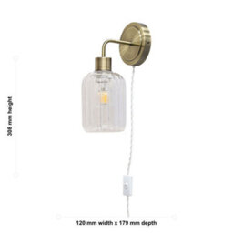 First Choice Lighting Toby - Antique Brass Plug In Wall Light & Lozenge Ribbed Glass Shade - thumbnail 5
