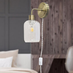 First Choice Lighting Toby - Antique Brass Plug In Wall Light & Lozenge Ribbed Glass Shade - thumbnail 3