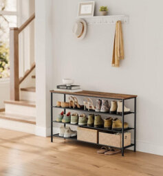 Songmics Shoe Storage Rack 4 Tier, Slim Shoe Shelf Organizer, With 3 Fabric Shelves And Top Area For Bags,  Rustic Brown And Black - thumbnail 1