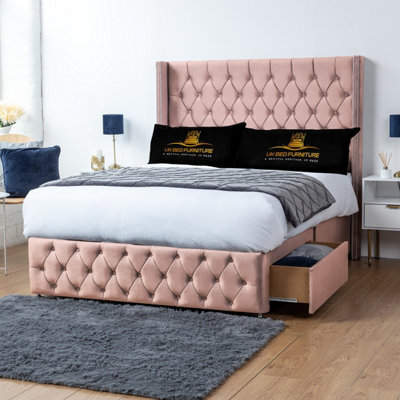 UKBEDFURNITURE Jasmine Pink Plush Wingback Divan Bed 2 Foot End Drawers With 10 Inch Orthopaedic Mattress & 54 Inch Headboard - image 1