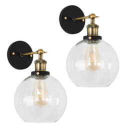 Valuelights Sheridan Pair Of Industrial Black And Gold Wall Light Fittings With Clear Glass Globe Shades - thumbnail 1