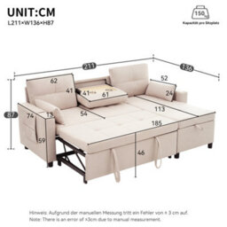 Btm Modular Corner Sofa Bed, Pull Out Sleeping Function, Storageand Drink Holder, Beige - thumbnail 8