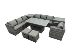 Fimous Rattan Dining Table Sofa Set With Armchair 2 Small Stools Outdoor 9 Seat Garden Furniture Set Dark Grey Mixed - thumbnail 2