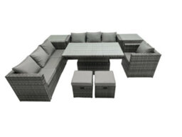 Fimous Rattan Dining Table Sofa Set With Armchair 2 Small Stools Outdoor 9 Seat Garden Furniture Set Dark Grey Mixed - thumbnail 1