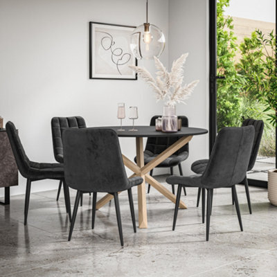 More4Homes Malvern Round Dining Table And Chairs -  Black Table Top W Solid Oak Legs + Nova Velvet Dining Chair Set Of 6 (Black) - image 1