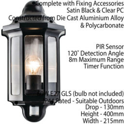 Ip44 Outdoor Wall Light Satin Black Pir Half Lantern Traditional Dimmable Porch - thumbnail 2