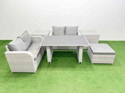 Fimous 6 Pieces Outdoor Pe Rattan Sofa Set Patio Garden Furniture Sets With Cushions 2 Side Tables Big Stool Light Grey - thumbnail 1