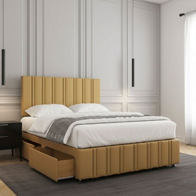 REGIONAL FURNISHINGS Divan Bed Set Mustard Plush Velvet Upholstered 24Inch Headboard & Footboard 2Drawersfootend & Mattress In 4Ft 4Ft6 5Ft 6Ft - image 1