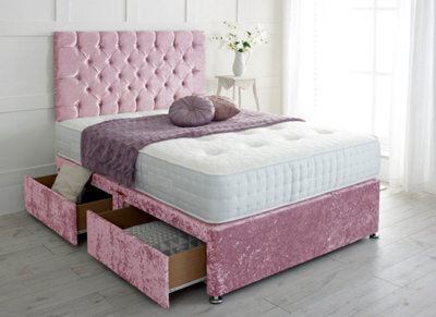 Adore Designs Chesterfield Crushed Velvet Divan Bed, With Pocket Mattress - 5Ft Kingsize - Pink - 2 Drawers Same Side - image 1