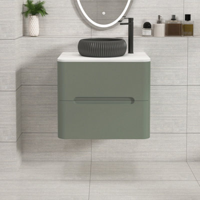 Royal Bathrooms Venice 600mm Sage Green Wall Mounted Bathroom Countertop Vanity Unit 2 Drawer With Milan Black Basin - image 1