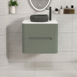 Royal Bathrooms Venice 600mm Sage Green Wall Mounted Bathroom Countertop Vanity Unit 2 Drawer With Milan Black Basin - thumbnail 1