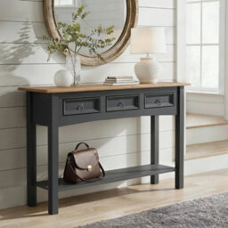 Charcoal Dark Grey Waxed Solid Pine Console Table 3 Drawer Hall Wooden Unit - thumbnail 3