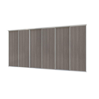 A-Class Sliding Doors Set Of 6 Dark Oak Sliding Wardrobe Door Kit In Silver Frame & Tracks, Opening Height (H) 225-226Cm & Width (W) 354-355Cm - image 1
