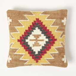 Homescapes Jaipur Handwoven Brown And Orange Kilim Cushion With Feather Filling