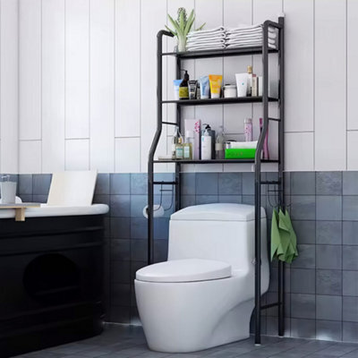 Living And Home 3 Tier Black Metal Bathroom Storage Organizer Shelf Over Toilet Rack Paper Roll Holder With 3 Hooks - image 1