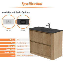 Plum&clay Isla Ribbed Fluted Oak Wood 2 Drawer Freestanding Bathroom Vanity Unit & Black Basin Set (W)1000mm - thumbnail 5