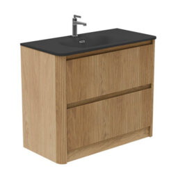 Plum&clay Isla Ribbed Fluted Oak Wood 2 Drawer Freestanding Bathroom Vanity Unit & Black Basin Set (W)1000mm - thumbnail 1