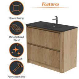 Plum&clay Isla Ribbed Fluted Oak Wood 2 Drawer Freestanding Bathroom Vanity Unit & Black Basin Set (W)1000mm - thumbnail 6