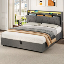 Matteo Double 4Ft6 Grey Linen Upholstered Ottoman Bed Frame With Hydraulic Storage, Rgb Led Headboard & Usb/type-C Charging Ports - thumbnail 4