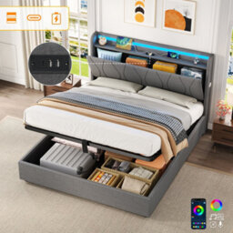 Matteo Double 4Ft6 Grey Linen Upholstered Ottoman Bed Frame With Hydraulic Storage, Rgb Led Headboard & Usb/type-C Charging Ports - thumbnail 1