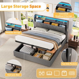 Matteo Double 4Ft6 Grey Linen Upholstered Ottoman Bed Frame With Hydraulic Storage, Rgb Led Headboard & Usb/type-C Charging Ports - thumbnail 6