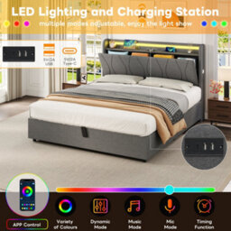 Matteo Double 4Ft6 Grey Linen Upholstered Ottoman Bed Frame With Hydraulic Storage, Rgb Led Headboard & Usb/type-C Charging Ports - thumbnail 7
