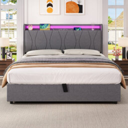 Matteo Double 4Ft6 Grey Linen Upholstered Ottoman Bed Frame With Hydraulic Storage, Rgb Led Headboard & Usb/type-C Charging Ports - thumbnail 2