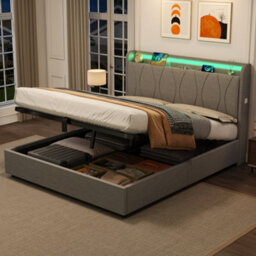Matteo Double 4Ft6 Grey Linen Upholstered Ottoman Bed Frame With Hydraulic Storage, Rgb Led Headboard & Usb/type-C Charging Ports - thumbnail 3