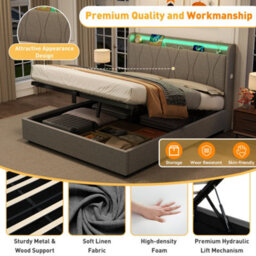 Matteo Double 4Ft6 Grey Linen Upholstered Ottoman Bed Frame With Hydraulic Storage, Rgb Led Headboard & Usb/type-C Charging Ports - thumbnail 8