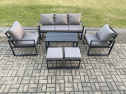 Fimous Aluminium Outdoor Furniture Set 7 Seater Garden Sofa With Coffee Table 2 Small Footstools 2 Armchairs Dark Grey - thumbnail 2