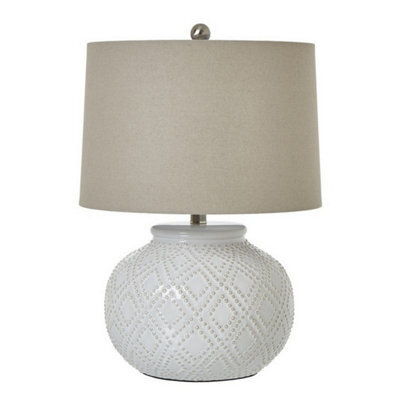 Hill Interiors Squat White Beaded Ceramic Lamp With Linen Shade Stylish Table Light - image 1