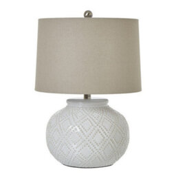 Hill Interiors Squat White Beaded Ceramic Lamp With Linen Shade Stylish Table Light - thumbnail 1
