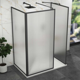 Royal Bathrooms Luxor 3 Sided Walk In Wet Room Fluted Shower Enclosure With 1600 X 800mm Stone Tray & Matt Black Frame 8mm Easy Clean Glass - thumbnail 4