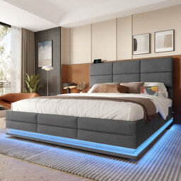 Btm 135X190Cm Velvet Bed, Adjustable Headboard, Led Lighting, Usb/type-C Ports, Hydraulic Storage, Grey (No Mattress) - thumbnail 7