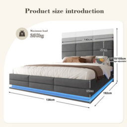Btm 135X190Cm Velvet Bed, Adjustable Headboard, Led Lighting, Usb/type-C Ports, Hydraulic Storage, Grey (No Mattress) - thumbnail 2