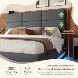 Btm 135X190Cm Velvet Bed, Adjustable Headboard, Led Lighting, Usb/type-C Ports, Hydraulic Storage, Grey (No Mattress) - thumbnail 8
