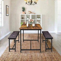 3Pcs Kitchen Dining Table Set With Wood Tabletop And 2 Upholstered Benches Grey - thumbnail 2