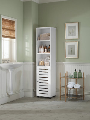 LEDREM Tall Bathroom Storage Cabinet Unit, Bathroom Floor Cabinet, With 3 Open Compartments And 2 Adjustable Shelves, Living Room, White