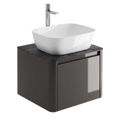 Plum&clay Mayfair Gloss Dark Grey Wall Hung Bathroom Vanity Unit With Black Slate Countertop (W)550mm (H)406mm - image 1