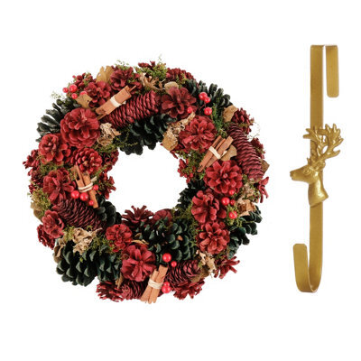 Dibor 36Cm Cinnamon Pine Front Door Christmas Wreath With Deer Wreath Hanger - image 1