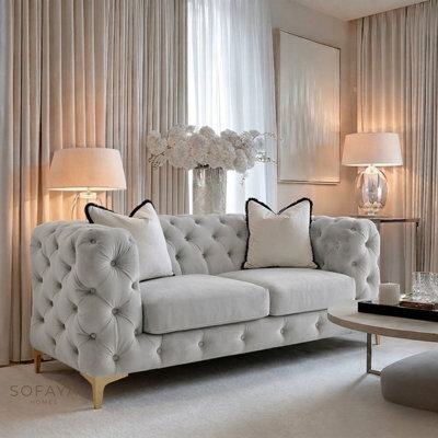 Sofaya Monaco Chesterfield Light Grey Velvet Sofa Set 2,3 Seater & 3+2 Seater Set Deep Buttoned Cushions Upholstery Couch Settee - image 1