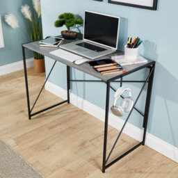 Home Source Brampton Folding Grey Oak Effect Compact Desk Storage Hook Wood And Metal Home Office Workstation - thumbnail 4
